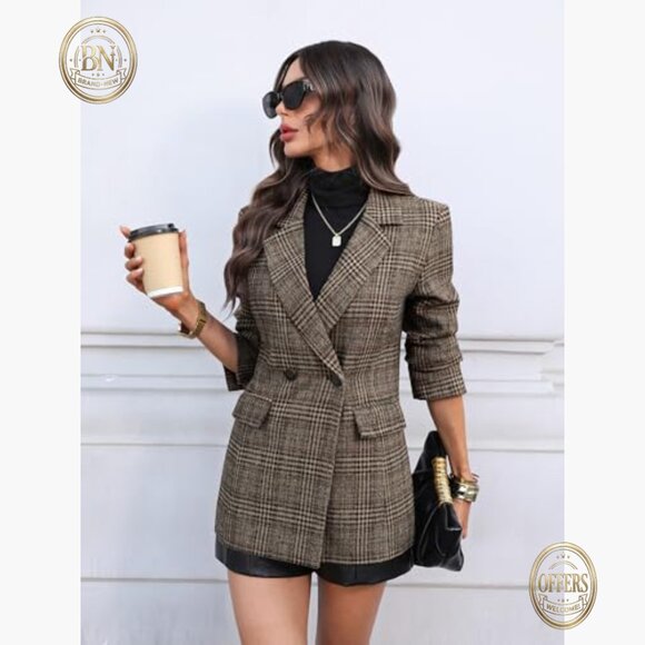 Polyester Tweed Blazer, Double-Breasted Suit Jacket with Pockets - Picture 5 of 7